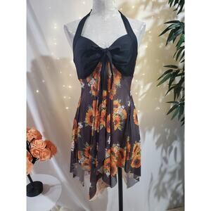Summer Mae Sunflower Mesh Halter Asymmetrical Hem Halter Tank Swim Dress Size XL